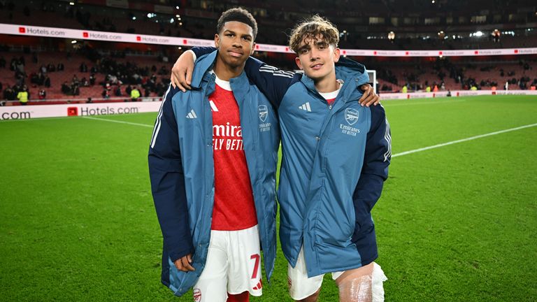 Andre Harriman-Annous celebrates the win with academy team-mate Max Dowman