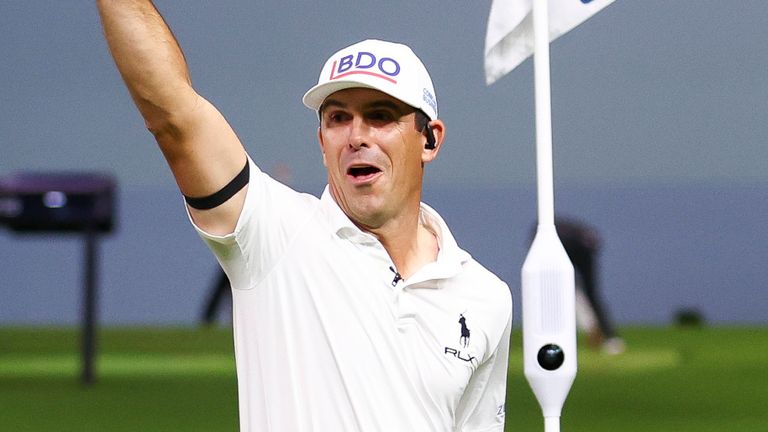 Billy Horschel of Atlanta Drive GC reacts to a shot hit by teammate Patrick Cantlay on the ninth hole