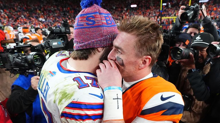 Buffalo Bills quarterback Josh Allen (17) greets Denver Broncos quarterback Bo Nix (10) after the game