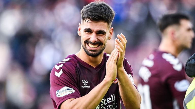 EDINBURGH, SCOTLAND - OCTOBER 26: Hearts' Claudio Braga at full time during a William Hill Premiership match between Heart of Midlothian and Celtic at Tynecastle Park, on October 26, 2025, in Edinburgh, Scotland. (Photo by Paul Devlin / SNS Group)