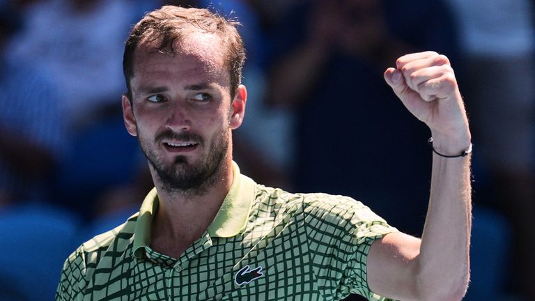 Daniil Medvedev of Russia celebrates after defeating Fabian Marozsan of Hungary in their third round match at the Australian Open tennis championship in Melbourne, Australia, Friday, Jan. 23, 2026. (AP Photo/Dita Alangkara)
