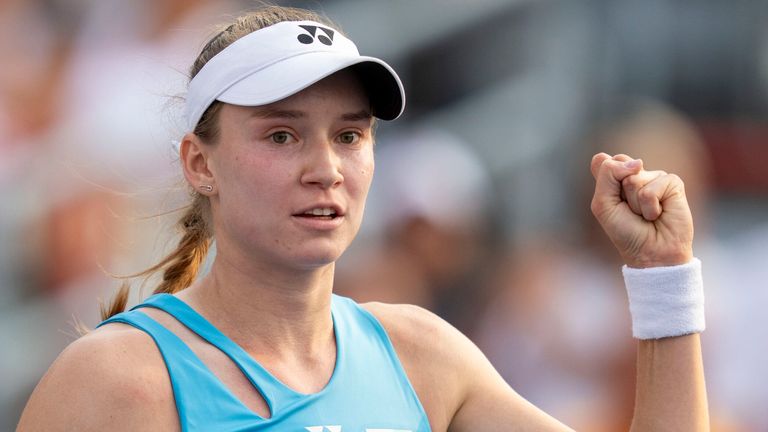 Elena Rybakina, of Kazakhstan, reacts following her win over Dayana Yastremska, of Ukraine, during round of 16 match action at the National Bank Open women's tennis tournament in Montreal, Saturday, Aug. 2, 2025. (Christinne Muschi/The Canadian Press via AP)