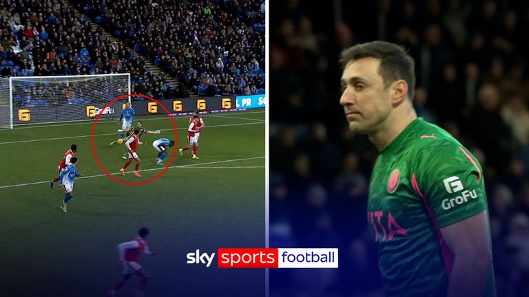 Stockport County goalkeeper Ben Hinchliffe scored a remarkable own goal as his attempted long kick forward went straight at team-mate Joe Olowu and back into his net.