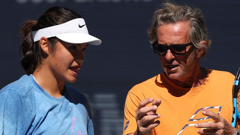 Emma Raducanu practicing with her coach Francis Roig at the 2025 US Open in New York