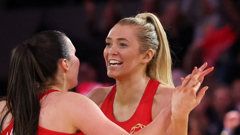 Helen Housby (R) celebrates with Lois Pearson (L) during England's win over New Zealand in the second match of the Vitality International Series
