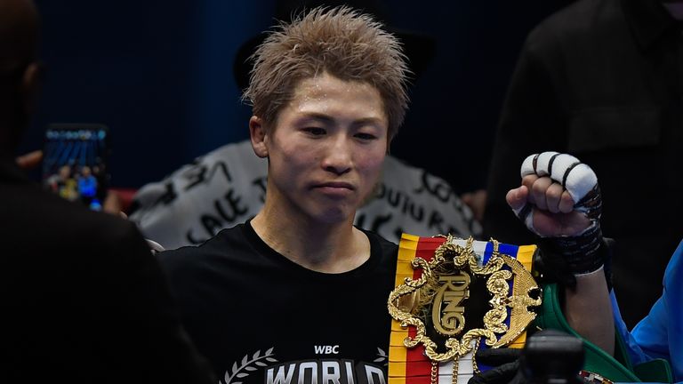 Japan's Naoya Inoue celebrates after beating Alan Picasso in Riyadh 