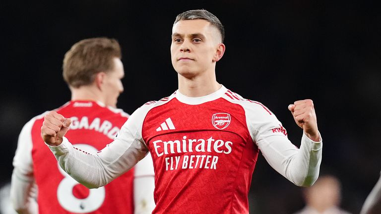 Arsenal's Leandro Trossard celebrates scoring their third goal