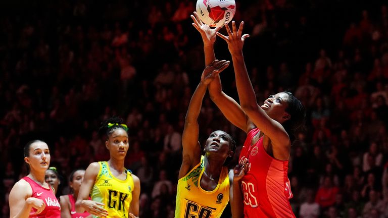 England's Liv Tchine and Jamaica's Jodi-Ann Ward in action during the Vitality Netball Horizon Series in 2024
