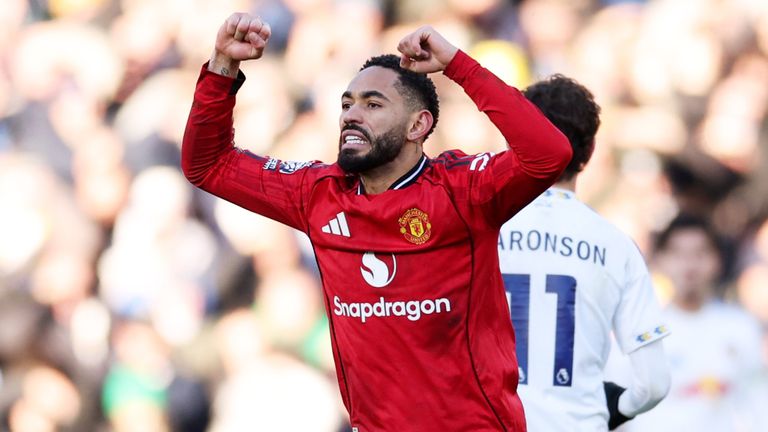 Matheus Cunha celebrates his equaliser for Man Utd against Leeds