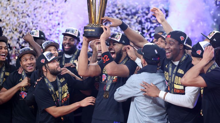 New York Knicks celebrate winning the NBA Cup (Associated Press)
