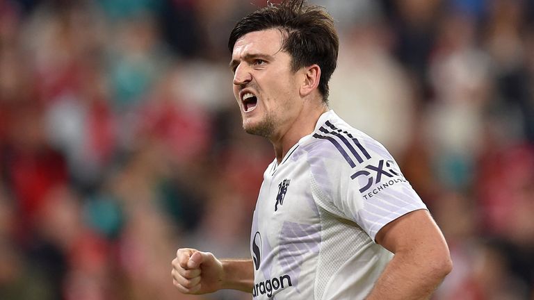 Harry Maguire celebrates after restoring Manchester United's lead