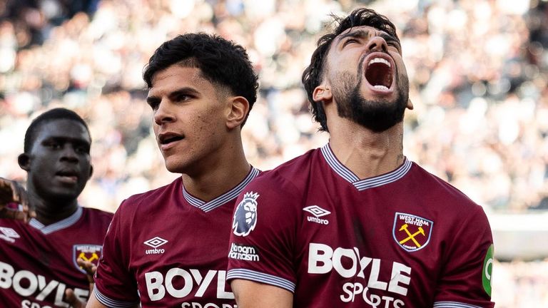 Lucas Paqueta celebrates after scoring a long-range equaliser for West Ham
