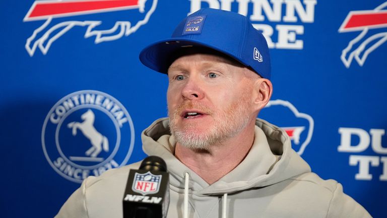 Buffalo Bills head coach Sean McDermott talks to reporters following an NFL wild-card playoff football game against the Jacksonville Jaguars Sunday, Jan. 11, 2026, in Jacksonville, Fla. (AP Photo/Chris O'Meara)